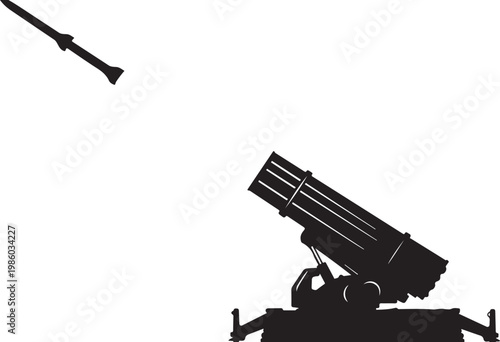 Military rocket launcher, missile launcher, weapon silhouette, black vector icon, military equipment