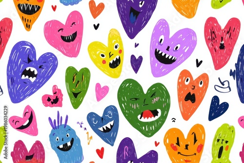 a colorful illustration of various cartoon hearts with different expressions and patterns on a white background