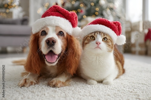 a dog and a cat wearing Santa hats sit together on a white rug in a festive holiday setting