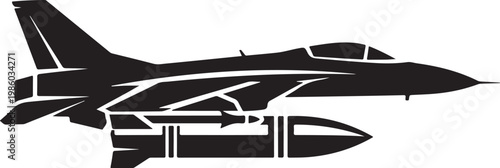 Black silhouette fighter jet, military aircraft icon, combat plane graphic, missile carrier