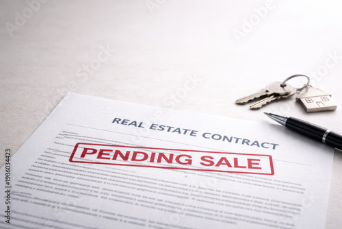 Pending sale real estate contract housing market trends key pen document Home sale paperwork with pending sale stamp showing
