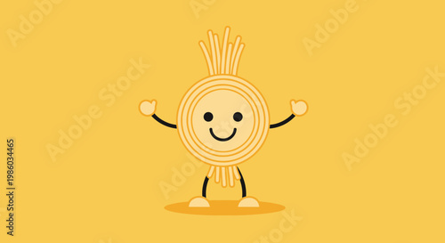 Yellow vector illustration of a funny cartoon character hand holding an idea egg and apple with a sun smile icon design symbol for a summer nature sign