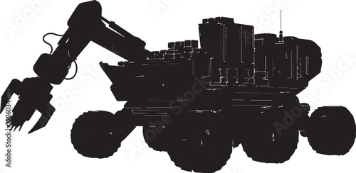 Black silhouette robotic excavator, industrial machine, heavy equipment, construction vehicle