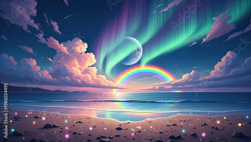 Vibrant landscape illustration of a rainbow moonlit sea with aurora borealis