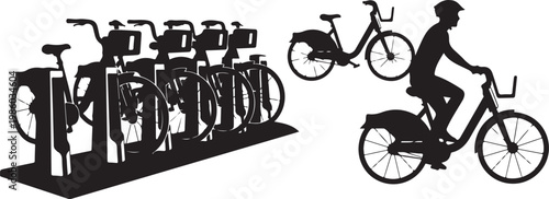 Bicycle silhouettes, bike rack, cycling icons, vector graphics