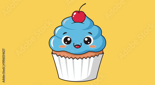 A delicious pink birthday cupcake with a cherry on top and sweet chocolate icing is a baked dessert illustration perfect for a celebration party or bakery snack
