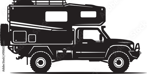 Camper truck, recreational vehicle, RV, camping vehicle, silhouette, black and white