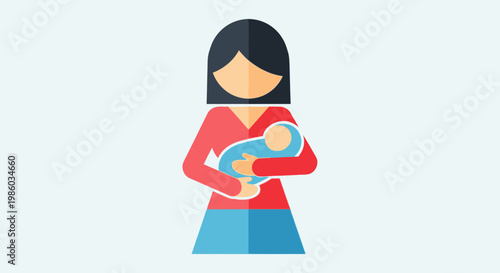 Minimalist Flat Design Mother Holding Baby Illustration Isolated Light Blue Background