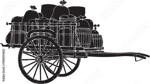 Vintage wine cart, black illustration, barrel wagon, wine barrels