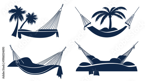 Four dark blue graphic illustrations of hammocks with palm trees and a comfortable setting