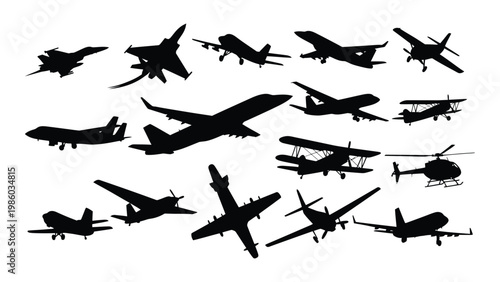 A collection of black silhouettes showcases various aircraft including fighter jets passenger planes and helicopters