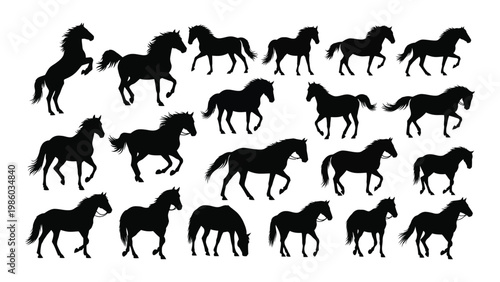 A collection of black silhouettes depicting horses in various dynamic poses and gaits high quality professional
