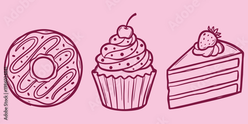Sweet Trio: A delightful illustration showcases the sweetness of life with a trio of delectable treats, including a donut, a cupcake with a cherry, and a slice of cake adorned with a strawberry.