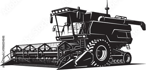 Black, vector combine harvester, agricultural machinery, farming equipment, illustration