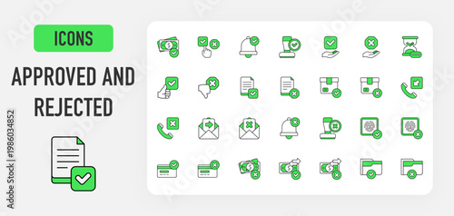 Approved and Rejected icon. Money Received, Choose, Call Rejected, Pending, Folder Reject, Call Receive, Fingerprint Done, Approved, Quality Control, Checklist, Thumb Up, Thumb Down vector. 