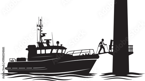 Fishing boat, dock, silhouette, vector, black and white, harbor, pier, watercraft