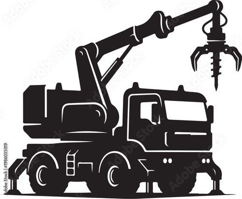 Heavy duty truck, industrial crane, construction vehicle, black silhouette