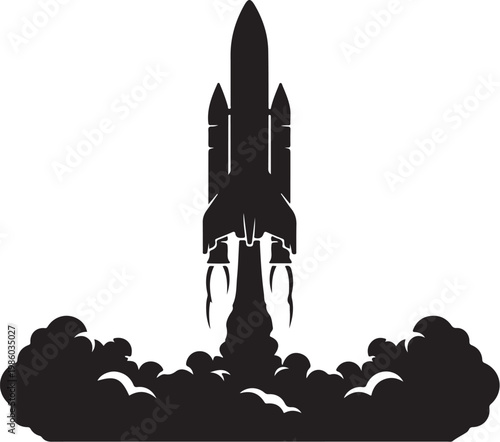 Rocket launch, space shuttle, black silhouette, vector icon, spacecraft takeoff