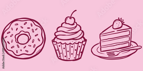 Sweet Temptation: A delightful illustration showcases an array of sweet treats, including a donut, a cupcake with a cherry on top, and a slice of cake with a strawberry, inviting indulgence.