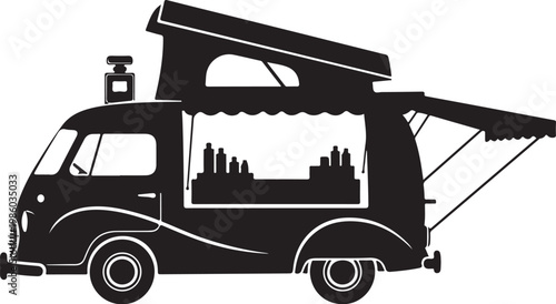 Food truck, black silhouette, vector icon, restaurant on wheels, catering vehicle