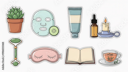 Charming sticker collection featuring self care essentials for relaxation and wellness