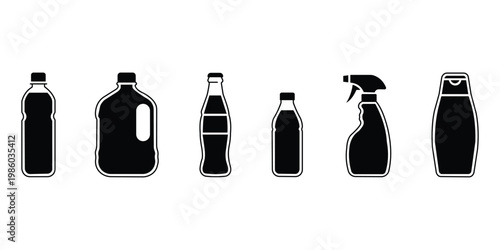 Black and white vector illustration of various cleaning product bottles and sprayers in a simple design 
