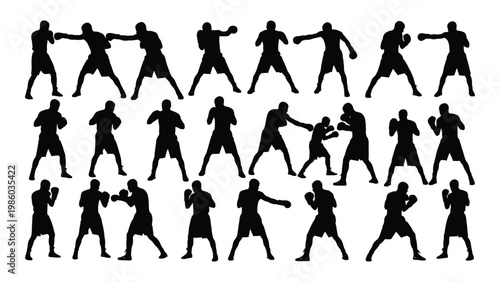 A collection of black silhouettes depicting boxers in various fighting stances and actions high quality professional