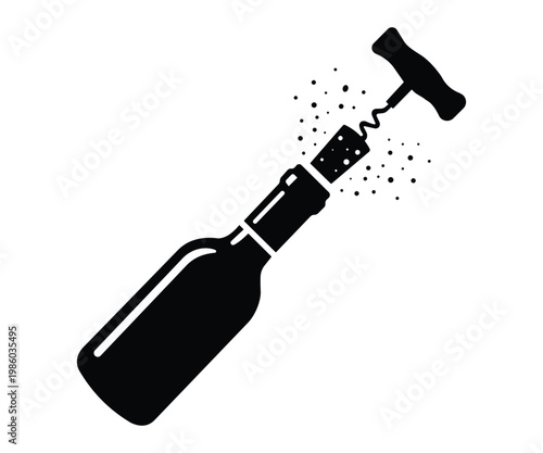 Black silhouette of a wine bottle being opened with a corkscrew and splashing liquid also transparent background 
