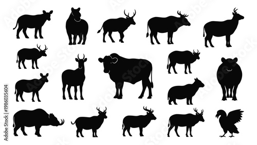 A collection of silhouettes depicting various african animals including cattle deer and a bird high quality