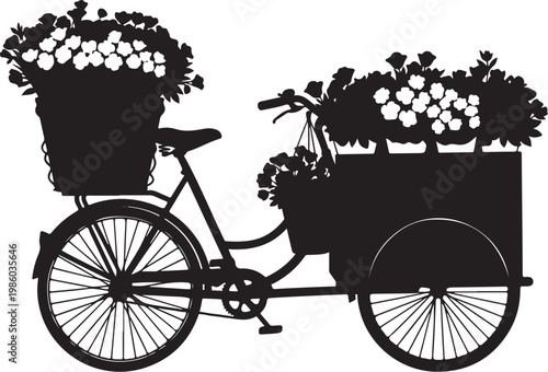 Black silhouette bicycle, flower tricycle, bike with baskets, floral delivery transport