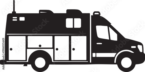 Emergency vehicle, fire truck, rescue car, black silhouette, vector illustration