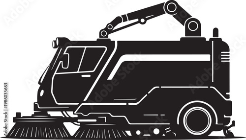Street Sweeper, Road Cleaning Truck, Urban Maintenance Vehicle, Black Vector Icon