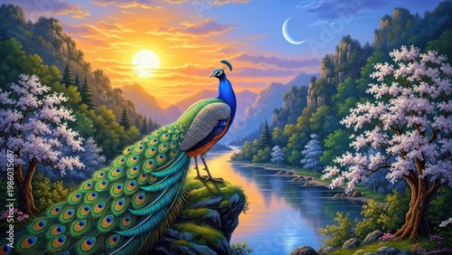Vibrant peacock perched overlooking scenic river at sunset with mountain view