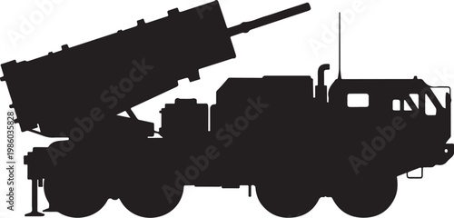 Military truck, missile launcher, black silhouette, vector graphics, military vehicle, transportation, defense