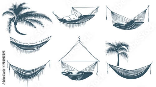Collection of hand-drawn hammocks and palm trees in a minimalist, monochrome aesthetic