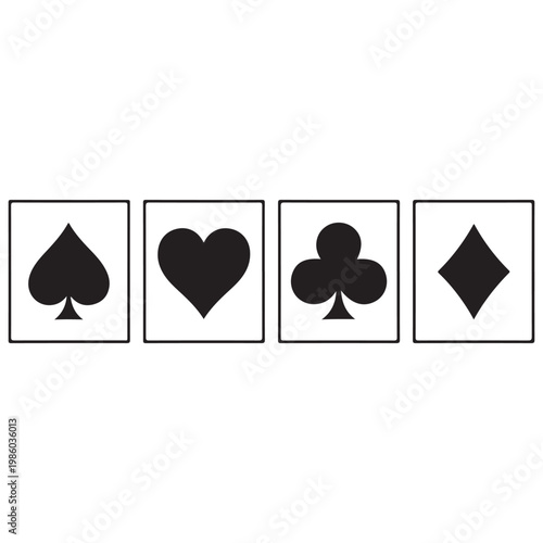 Minimalist black and white playing card suit icons featuring spade heart club and diamond symbols in square frames vector illustration