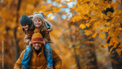 happy family with autumn background with empty space for logo and text