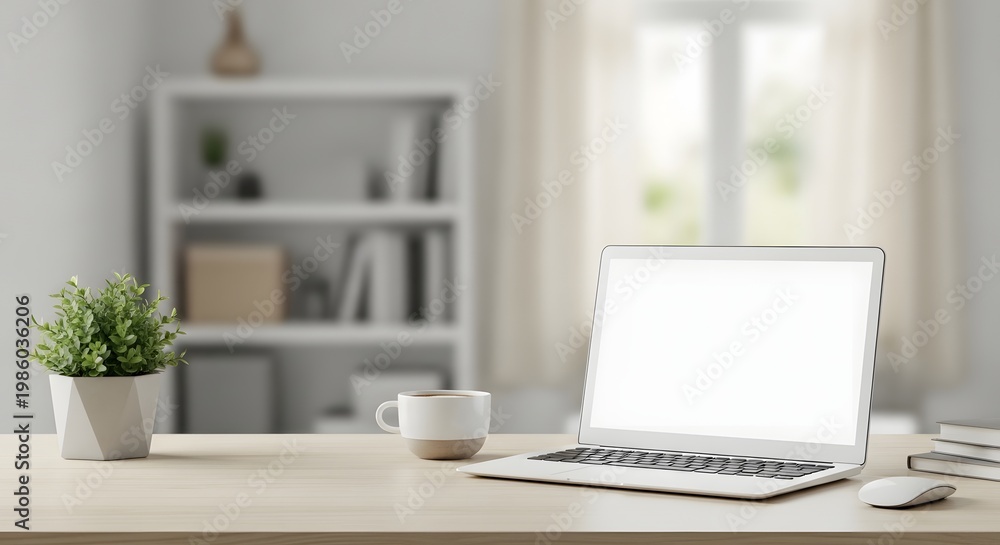 Fototapeta premium Modern home office workspace with laptop, coffee, and minimalist decor in natural light
