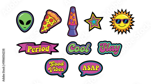 A vibrant collection of whimsical, colorful stickers featuring an alien, pizza slice, lava lamp, star, sun, and various text labels