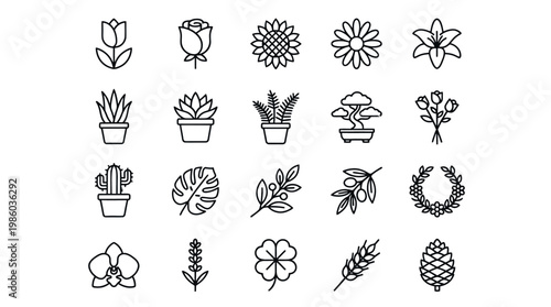 A collection of botanical line art icons featuring various plants and flowers