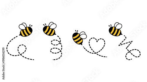 A charming illustration of cute bees buzzing about with playful flight paths