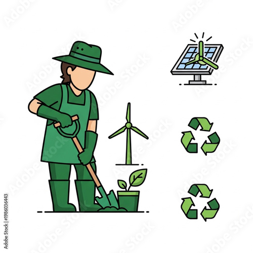 A person in green clothes planting a leafy green plant next to a wind turbine with a solar panel and recycling symbols nearby.