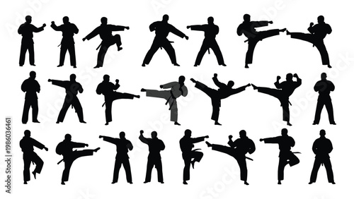 Silhouette collection depicting various martial arts poses including kicks punches and stances high quality professional detailed