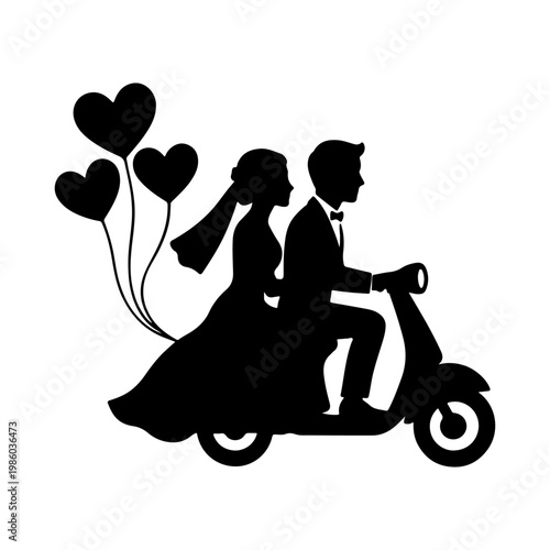 Wedding Couple Riding Scooter With Heart Shaped Balloons