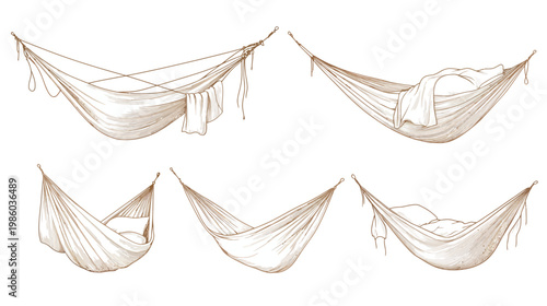 A set of hand-drawn hammocks in various states, depicting relaxation