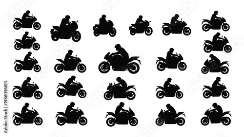 A collection of black silhouettes depicting various motorcycle types and riding positions high quality professional detailed