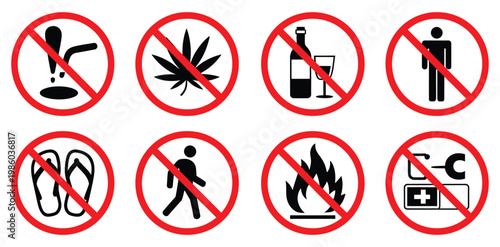 Prohibition icon set, no urination, no marijuana, no alcohol, no pedestrians, no flames, and no tipping symbols, restricted action warning icons, isolated on transparent background vector illustration