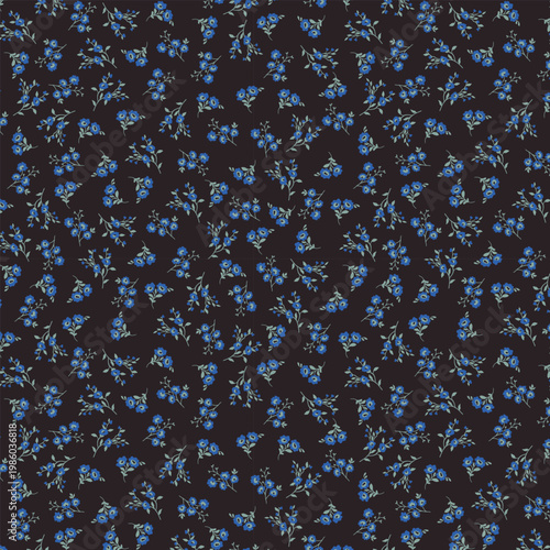 A seamless pattern of small blue flowers on a with green leaves and stems