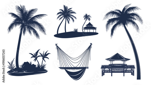 Silhouetted beach scenes showcasing a tropical paradise, featuring palm trees and a hammock