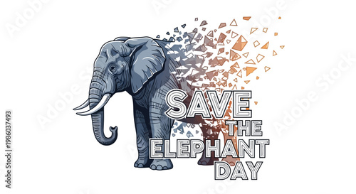 Detailed vector illustration promoting Save the Elephant Day, depicting an elephant with a disintegrating effect, symbolizing endangered species awareness and the protect wildlife campaign
